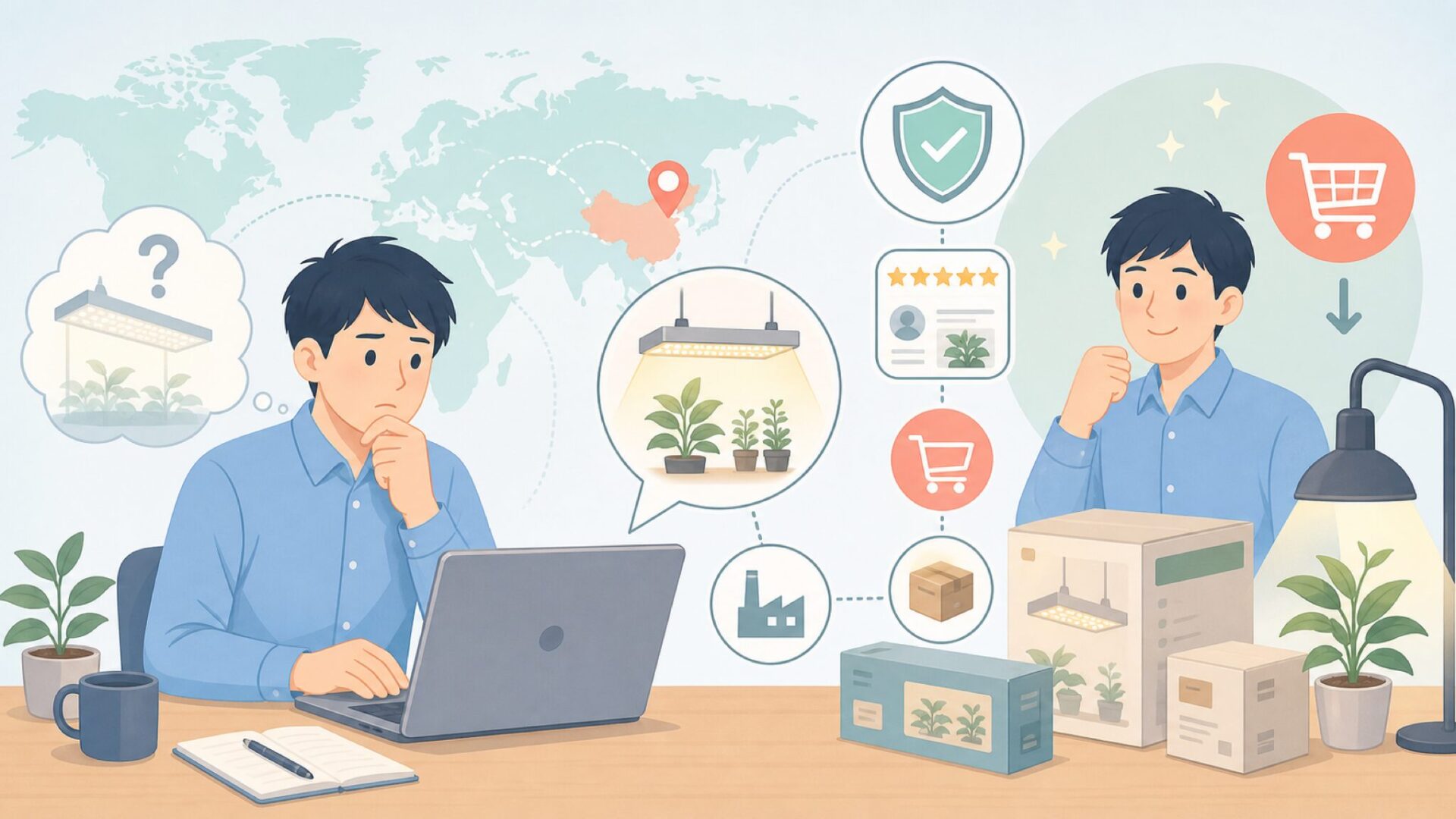 SANSI植物育成ライトはどこの国？中国系メーカーの実態と選び方の要点を表すイラスト