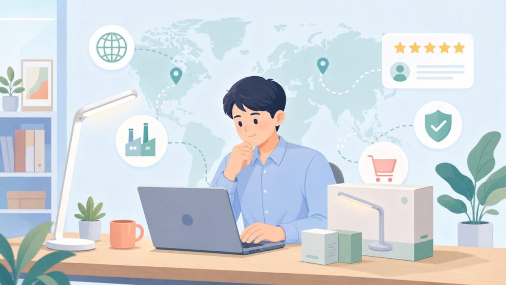 LEPOWERデスクライトはどこの国？会社と製造国を確認の要点を表すイラスト