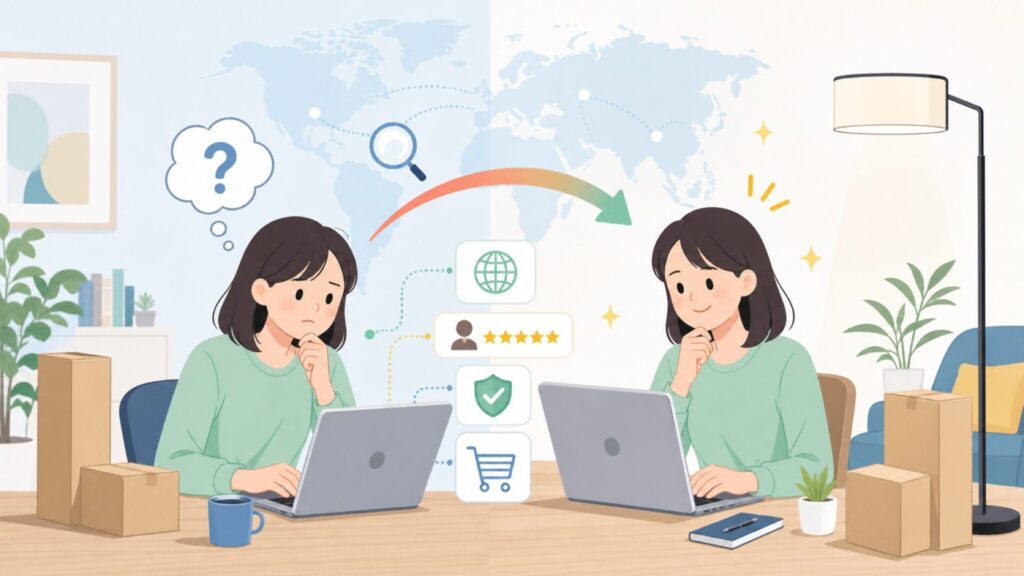 Brightechフロアライトはどこの国？特徴と選び方ガイドの要点を表すイラスト