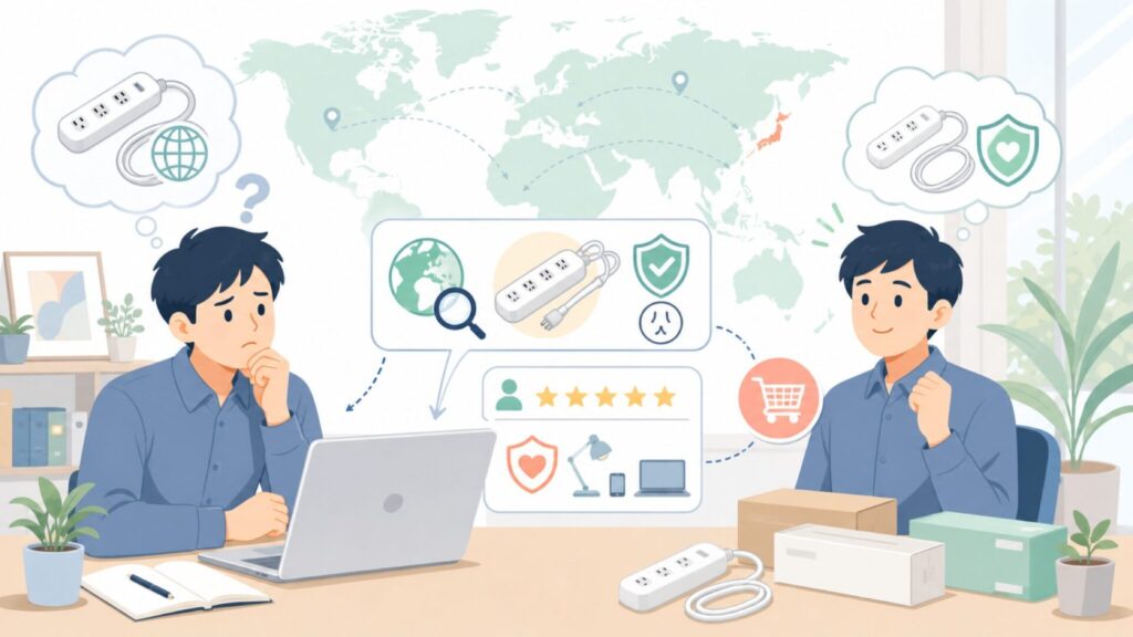 Addtam電源タップどこの国？安全性とPSE表示を購入前に確認の要点を表すイラスト