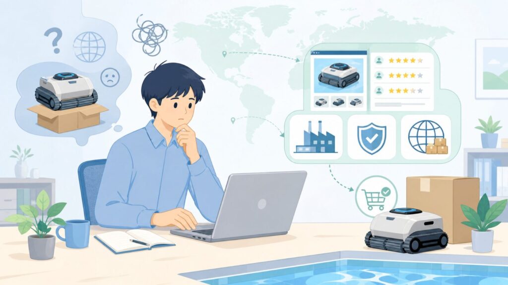 WYBOTプールクリーナーはどこの国？メーカーの正体と信頼性の要点を表すイラスト