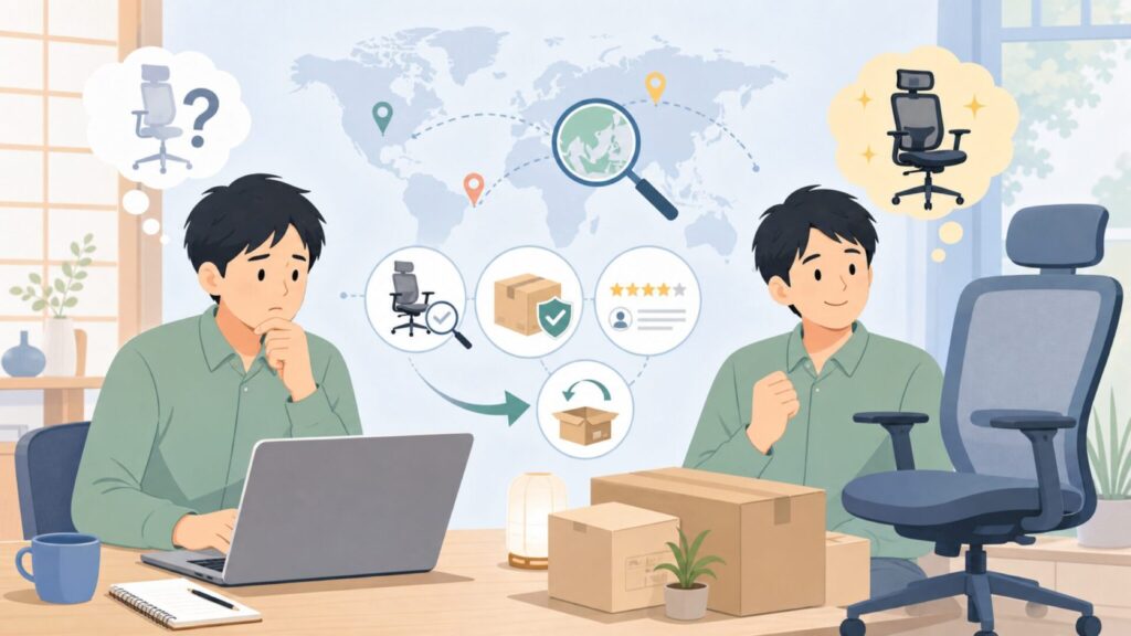 DUMOSオフィスチェアはどこの国？価格・安全性を購入前に確認の要点を表すイラスト