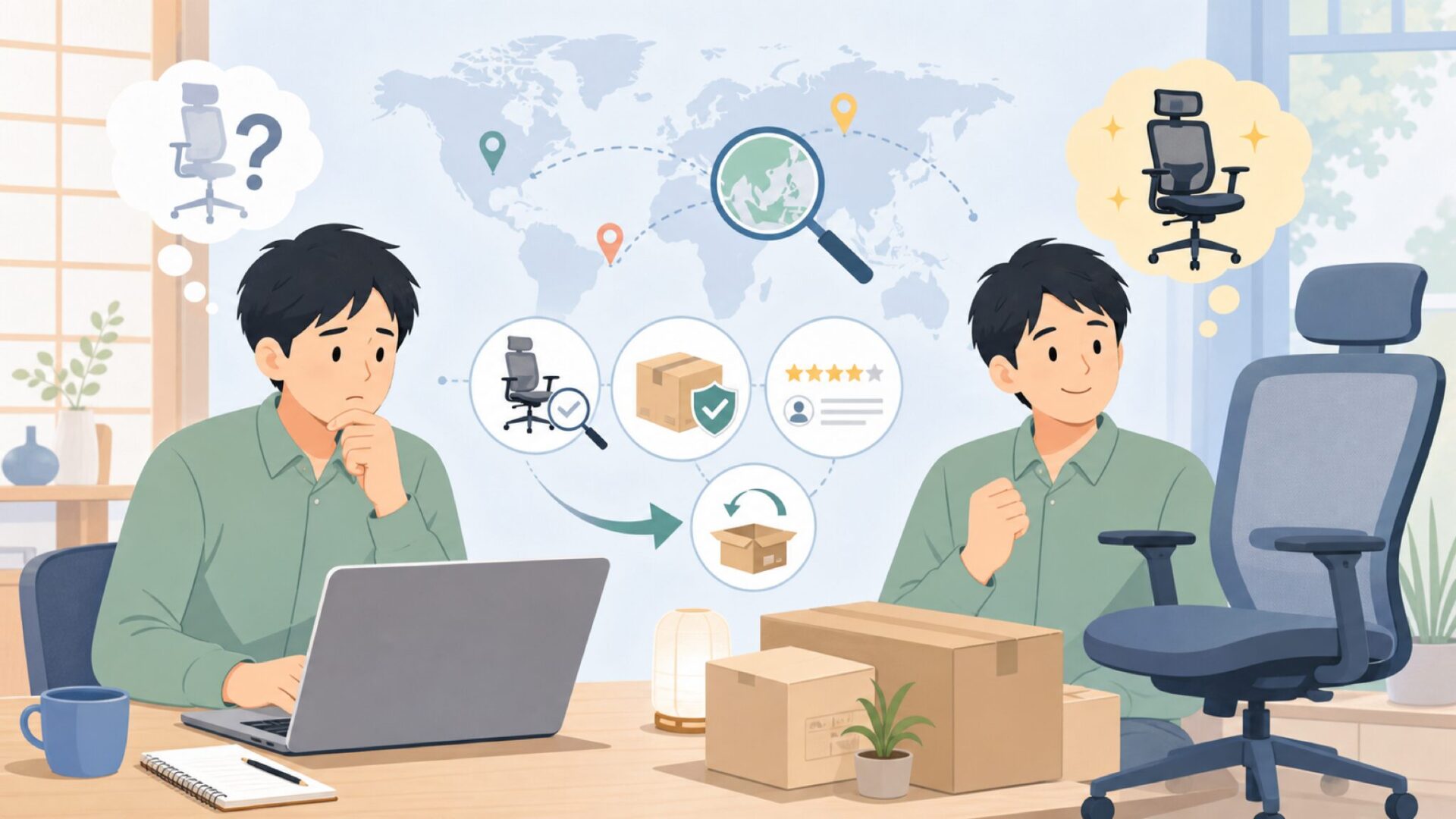 DUMOSオフィスチェアはどこの国？価格・安全性を購入前に確認の要点を表すイラスト