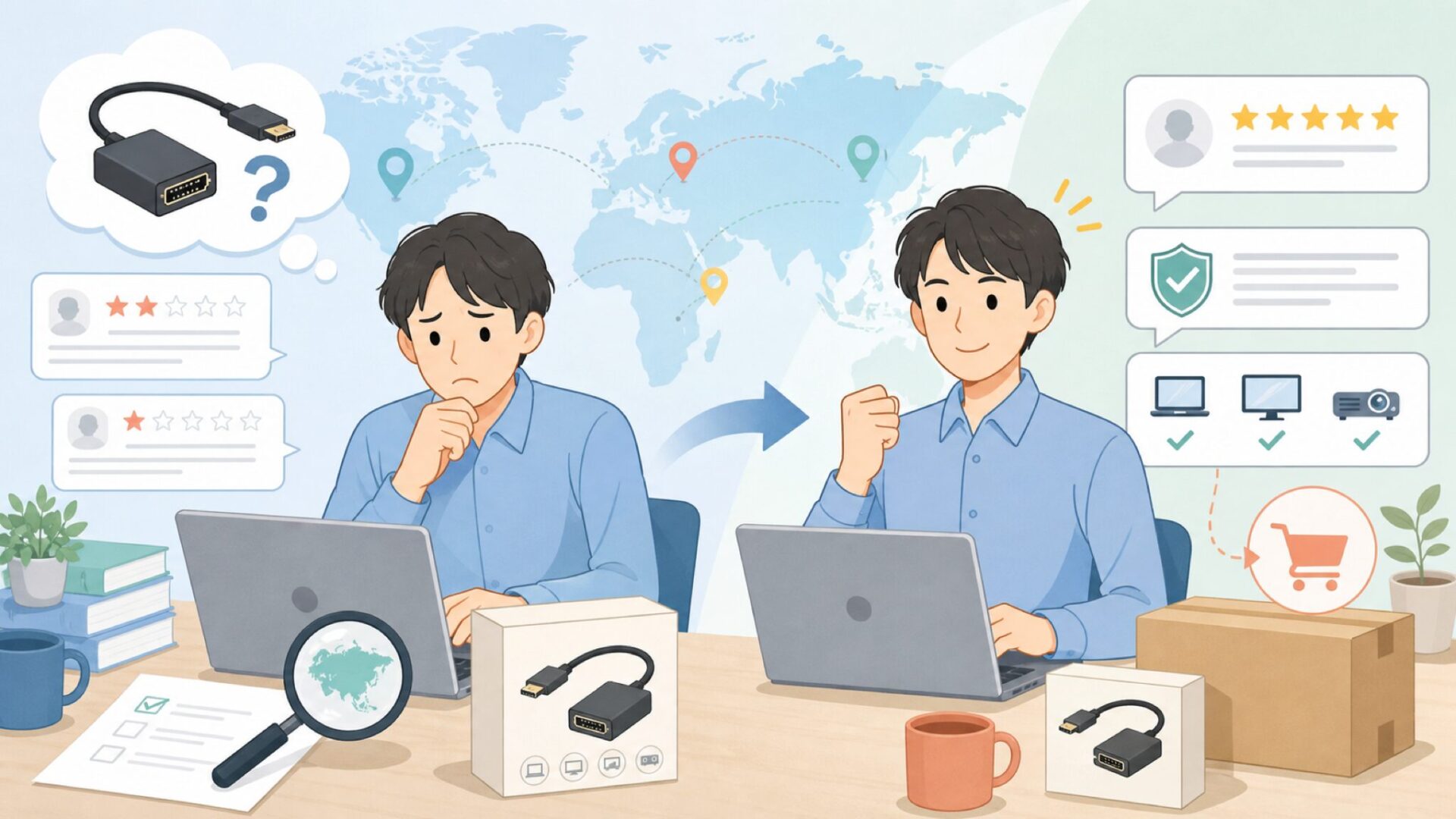 BENFEIはどこの国？HDMIアダプタの評判とレビューの見極め方の要点を表すイラスト