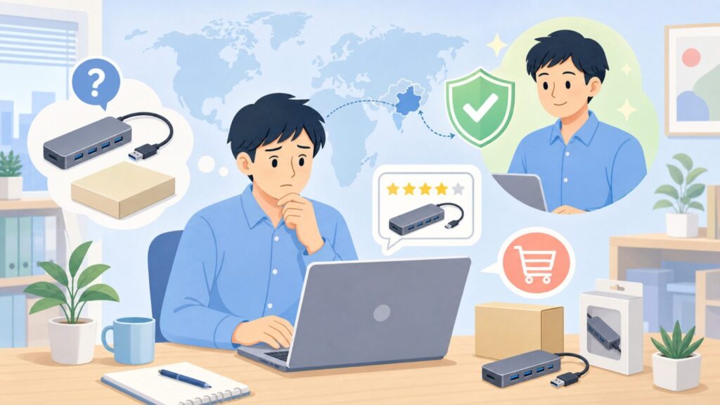Selore USBハブはどこの国?評判と対応端末を購入前に確認の要点を表すイラスト