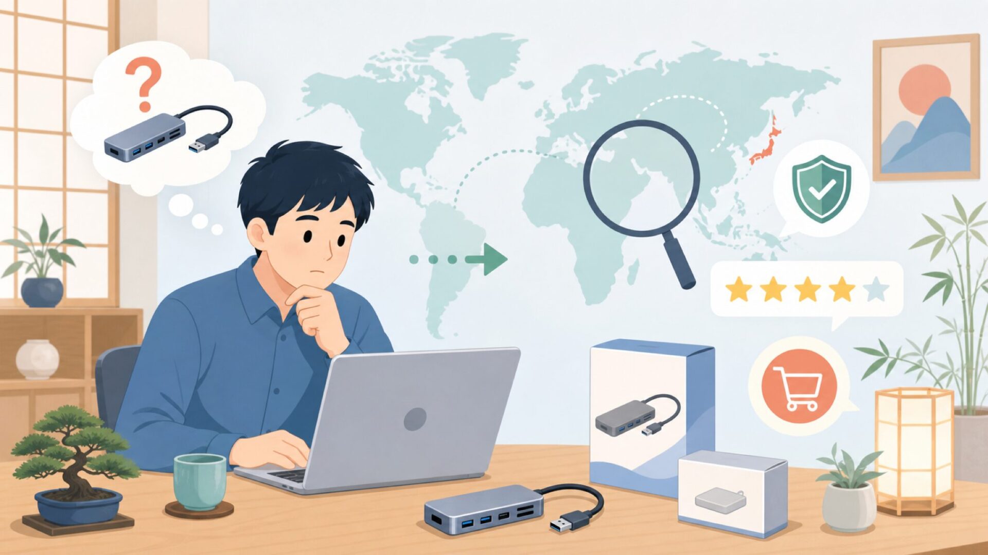 GiGimundoのUSBハブはどこの国製？7ポートの評判を検証の要点を表すイラスト