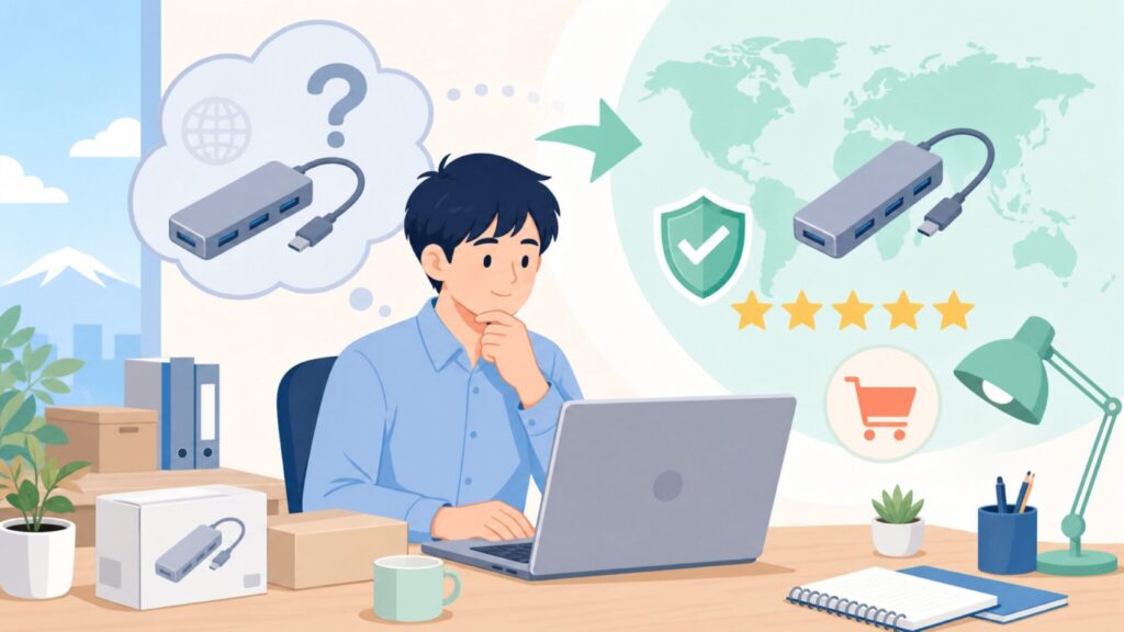 Hagibis USBハブどこの国?ブランドの正体を検証の要点を表すイラスト