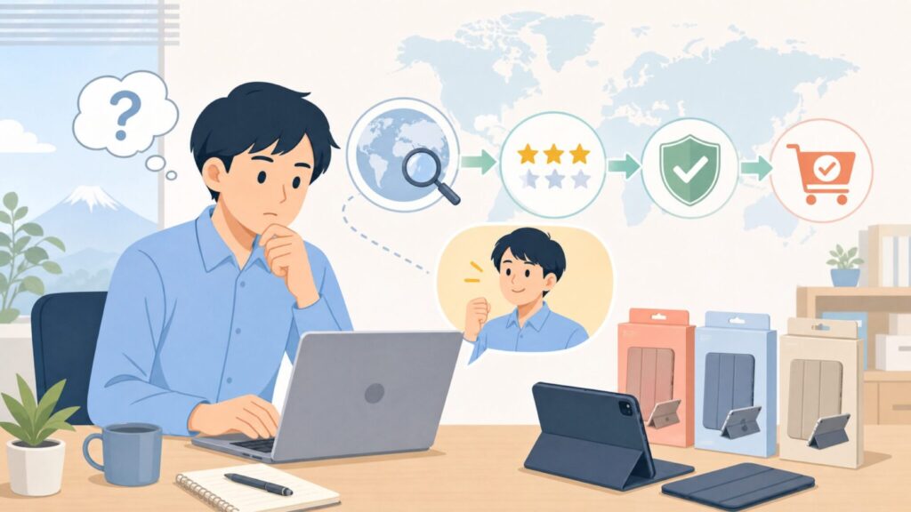JETechはどこの国？iPadケースの口コミ・品質を検証の要点を表すイラスト