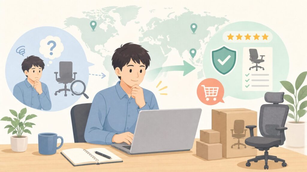 Sweetcrispyオフィスチェアはどこの国？評判と注意点の要点を表すイラスト