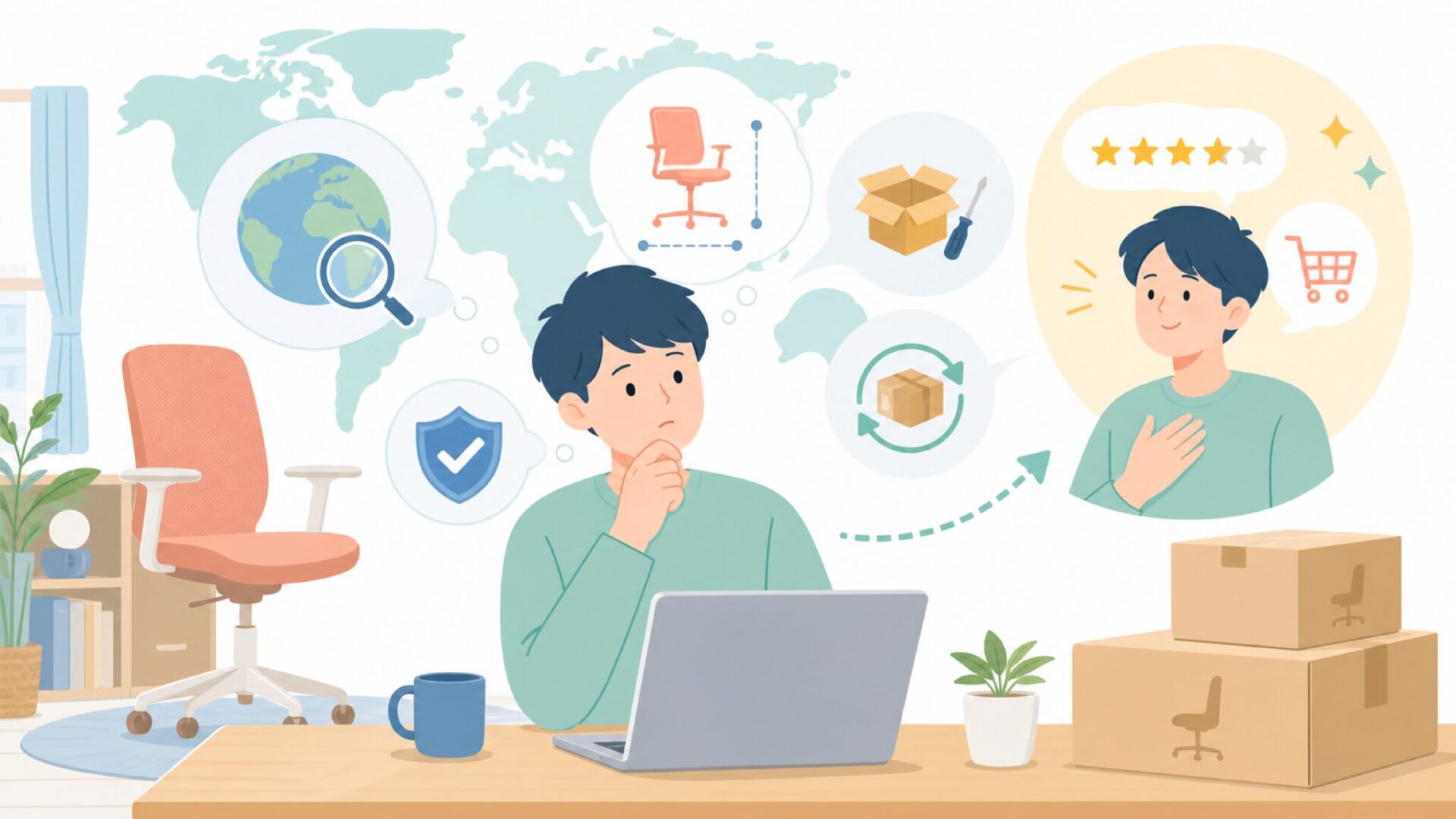 CangLongチェアはどこの国?購入前に知りたい安心ポイントの要点を表すイラスト