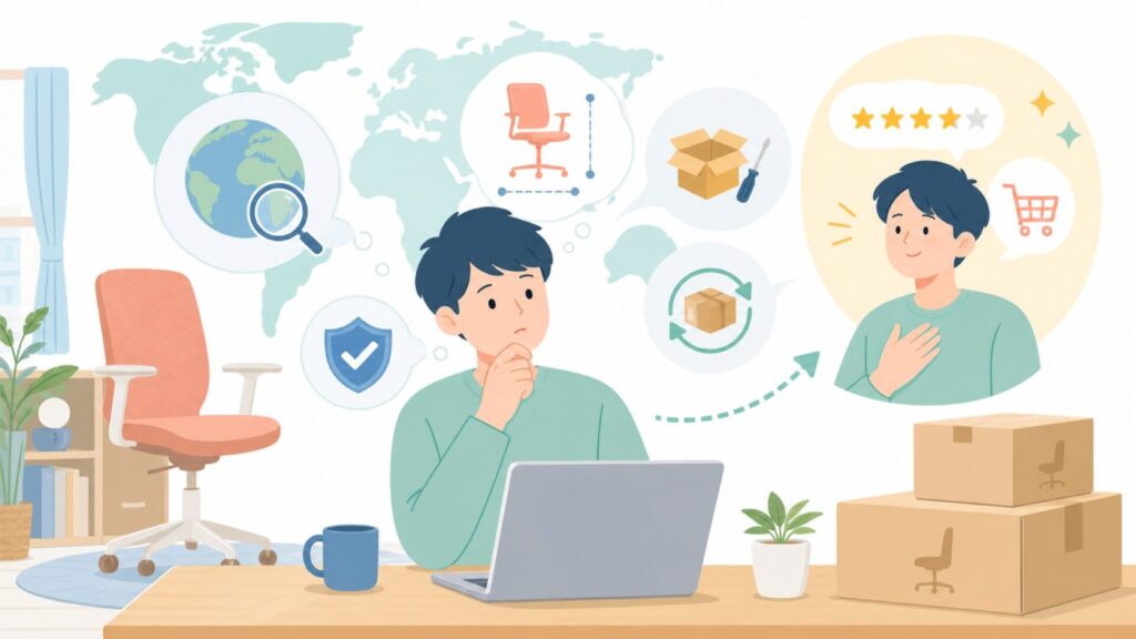 CangLongチェアはどこの国?購入前に知りたい安心ポイントの要点を表すイラスト