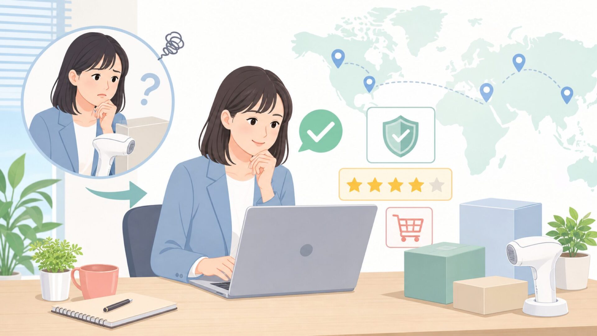 MLAY脱毛器はどこの国のブランド？口コミと保証・購入前ガイドの要点を表すイラスト