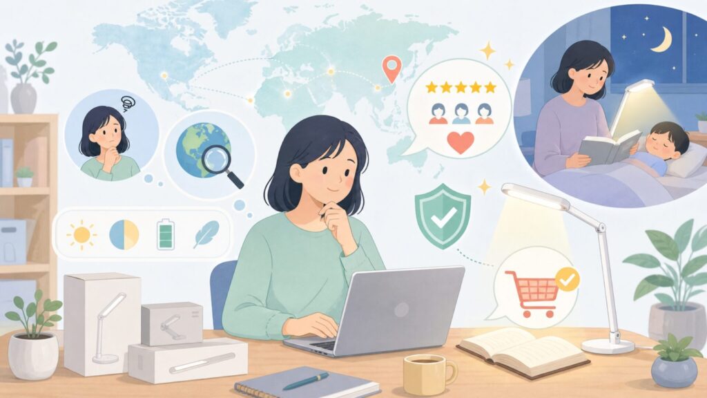Glocusentブックライトはどこの国？信頼性と選び方を解説の要点を表すイラスト