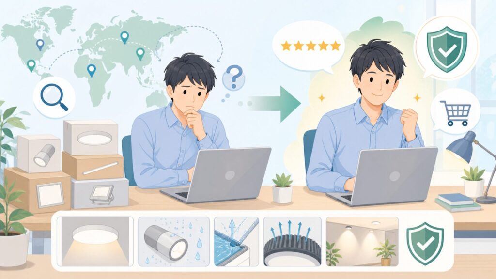 LEONLITE LEDライトはどこの国？特徴・防水性能を解説の要点を表すイラスト