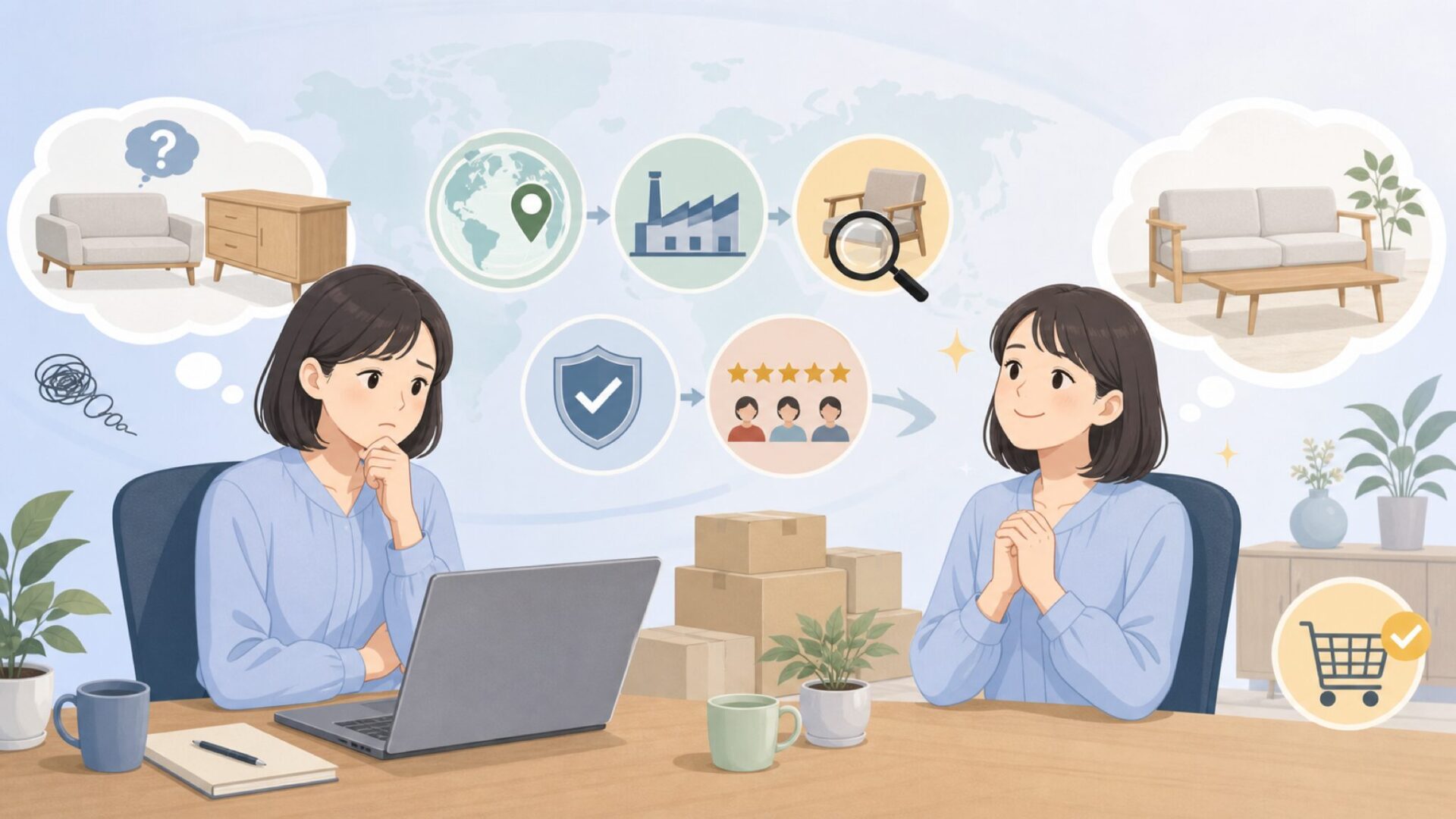 YITAHOMEはどこの国の家具？口コミと品質を徹底解説の要点を表すイラスト