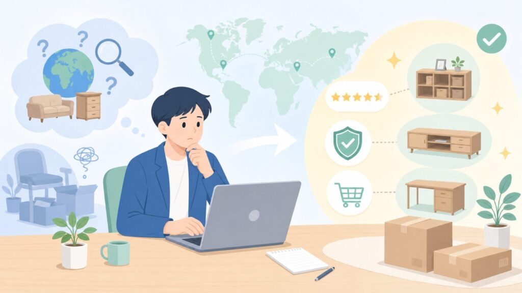 WLIVE家具はどこの国のブランド？特徴と口コミ、購入前の注意点の要点を表すイラスト