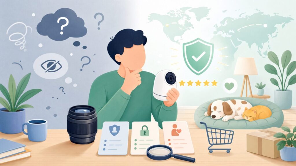 Nooieペットカメラはどこの国？安全性・口コミ・対策を徹底解説の要点を表すイラスト