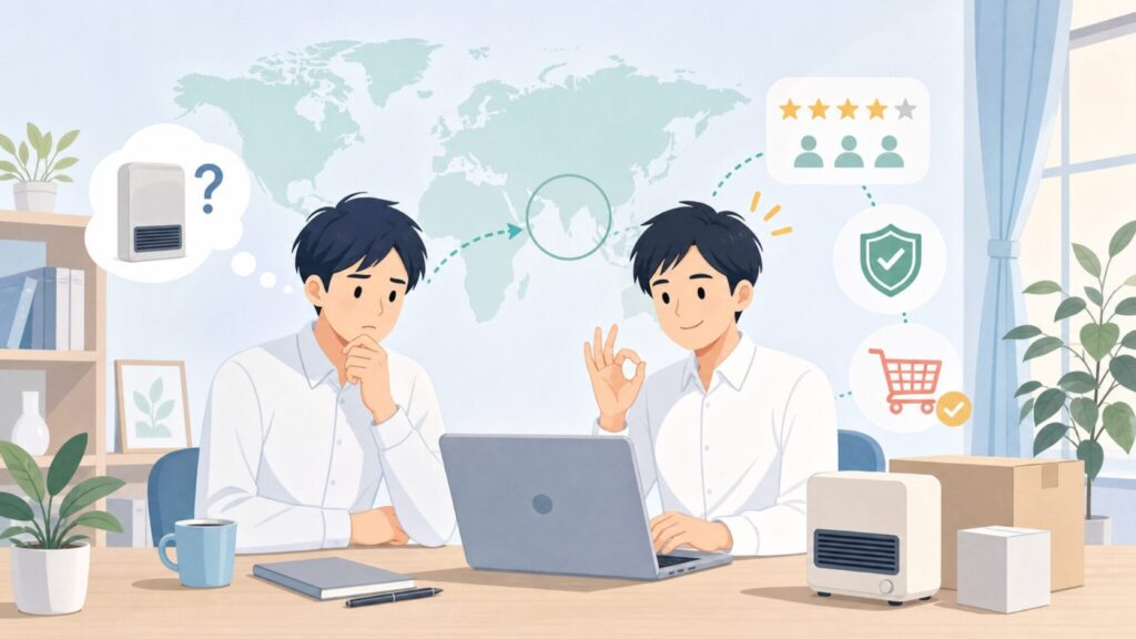 APIXヒーターはどこの国のブランド？口コミ・評判を徹底解説の要点を表すイラスト