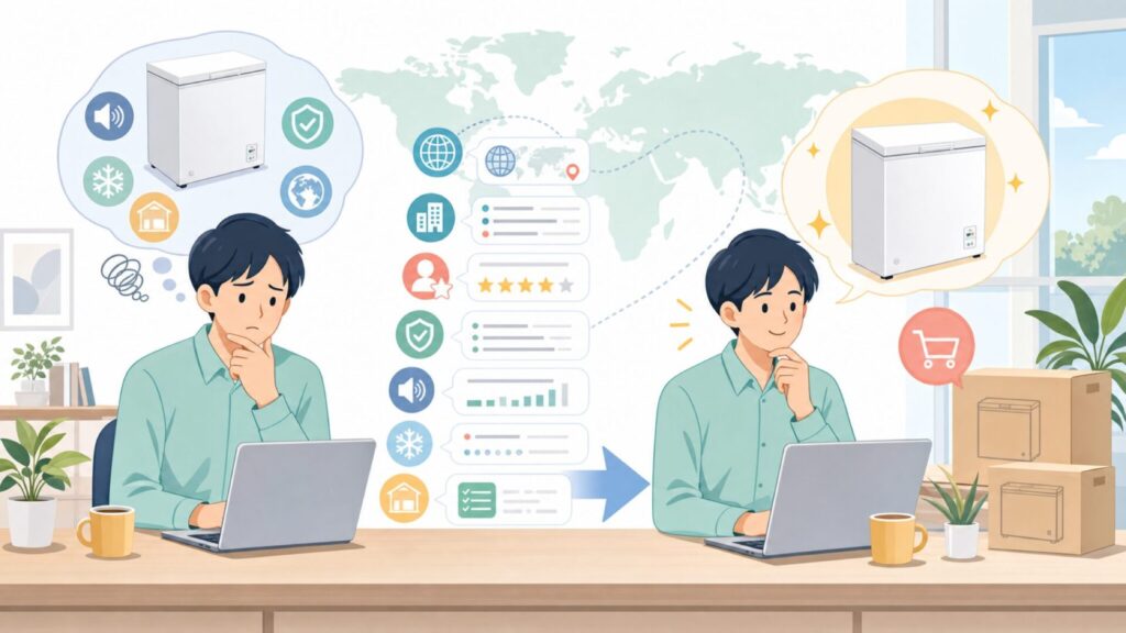 simplus冷凍庫はどこの国のメーカー?評判と安全性を解説の要点を表すイラスト