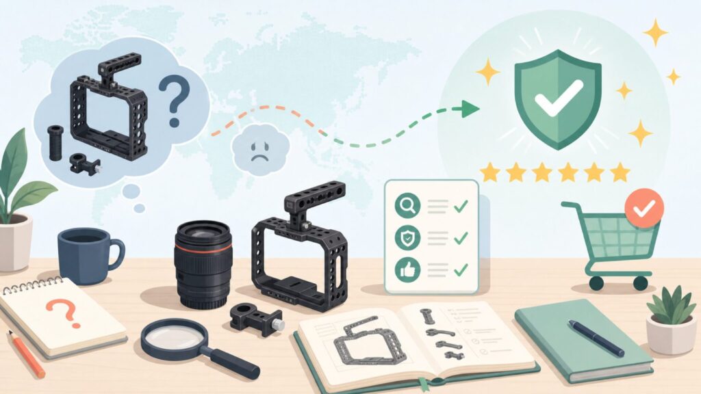 SmallRigはどこの国のブランド？中国発カメラリグの実力の要点を表すイラスト