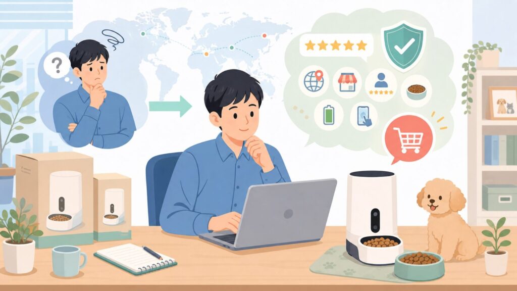 PETABOCT自動給餌器はどこの国？会社情報と口コミを確認の要点を表すイラスト