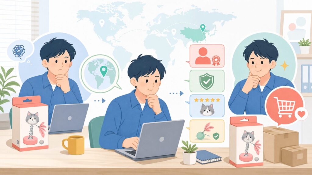 猫の下僕はどこの国の猫おもちゃ？販売元と安全性を購入前に確認の要点を表すイラスト