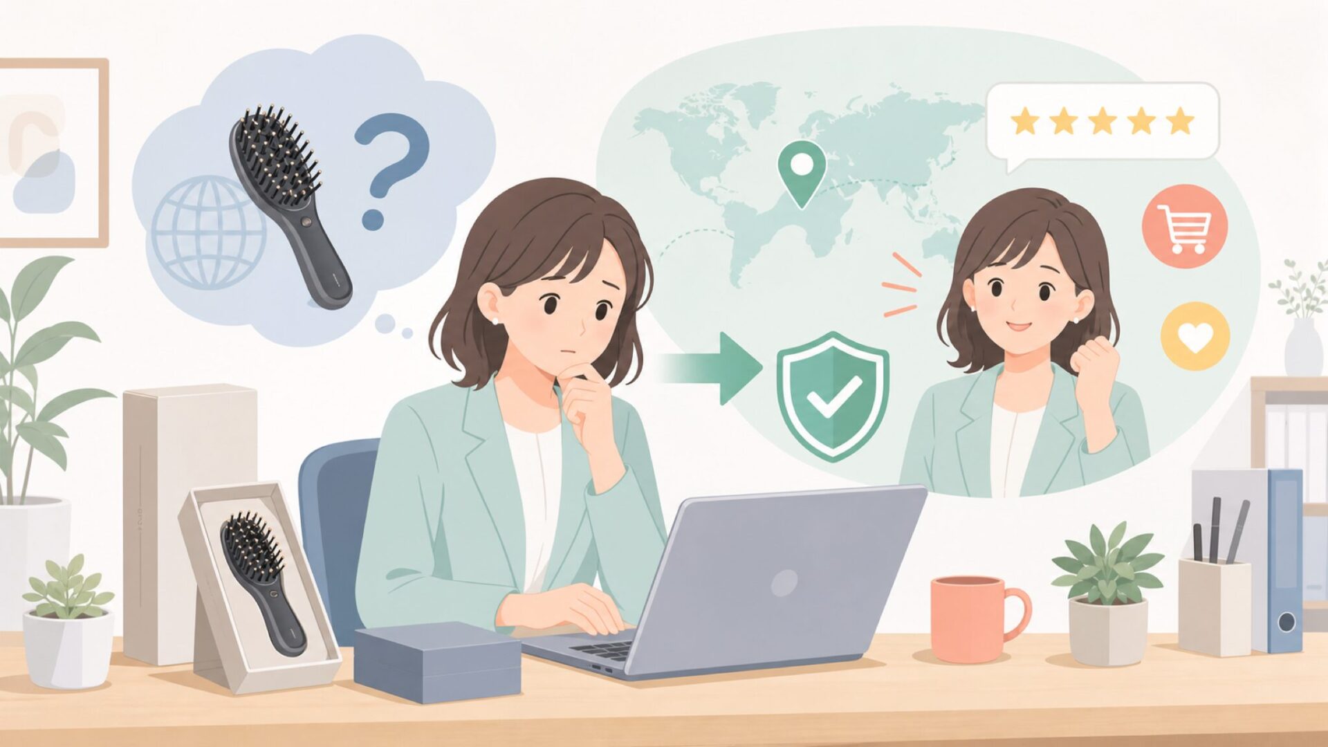 WAVEWAVE EMSヘアブラシはどこの国？会社概要と口コミを解説の要点を表すイラスト