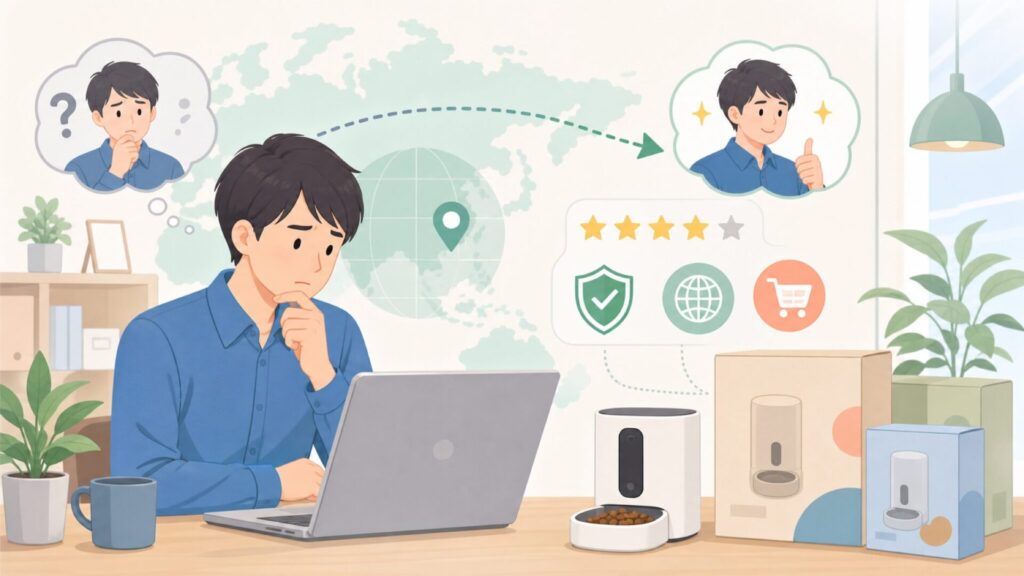 Yuposl自動給餌器はどこの国？口コミ・設定方法まで解説の要点を表すイラスト