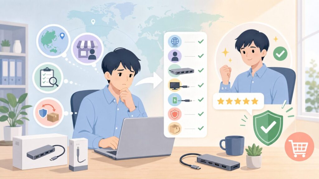 PCATEC USB-Cハブはどこの国？販売元と失敗しない選び方の要点を表すイラスト