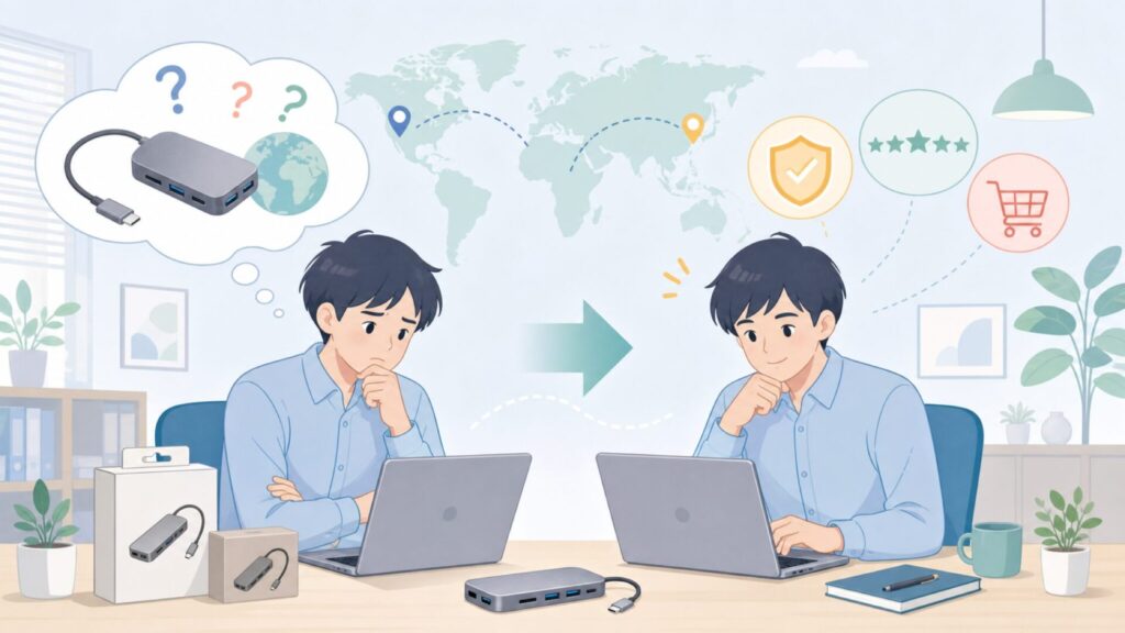 CableCreation USB-Cハブはどこの国？失敗しない選び方の要点を表すイラスト