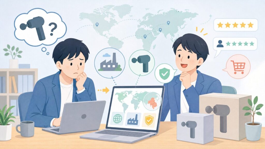 uFit筋膜リリースガンはどこの国？販売元・価格・評判を解説の要点を表すイラスト