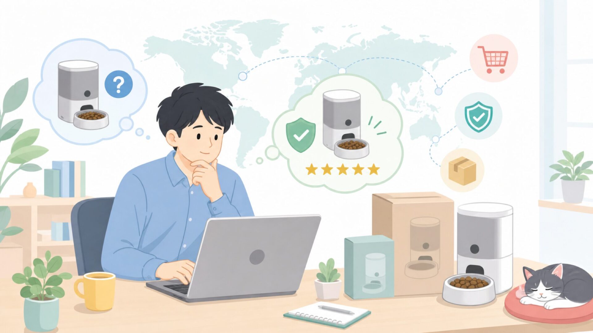 PAPIFEEDはどこの国のブランド？キャットフィーダーを徹底解説の要点を表すイラスト