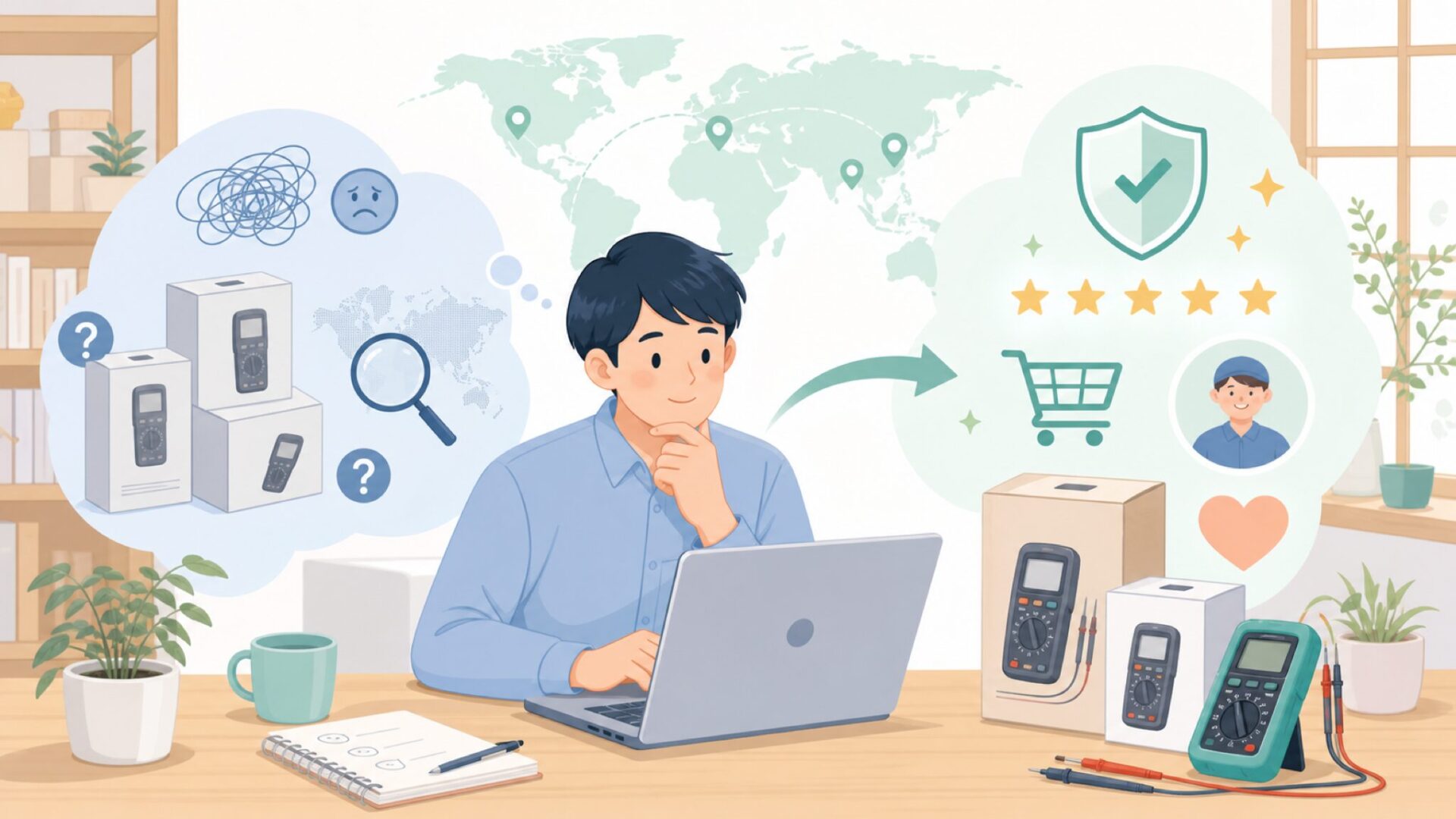 GVDAデジタルテスターはどこの国?安さの理由と失敗しない選び方の要点を表すイラスト