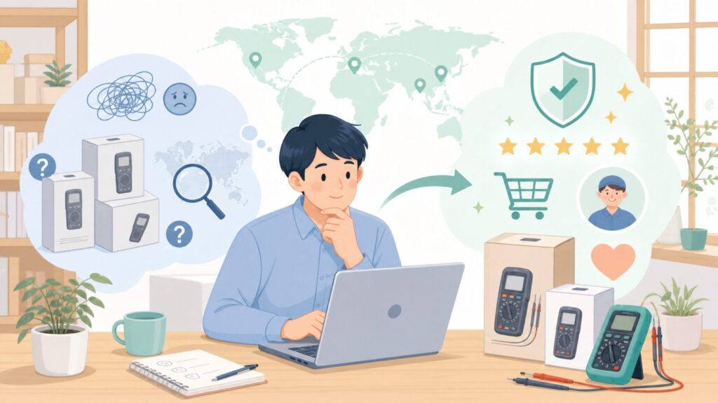 GVDAデジタルテスターはどこの国?安さの理由と失敗しない選び方の要点を表すイラスト