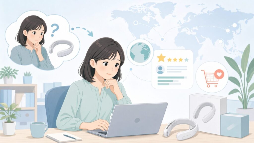 RANVOOネッククーラーはどこの国?口コミ・性能を徹底チェックの要点を表すイラスト