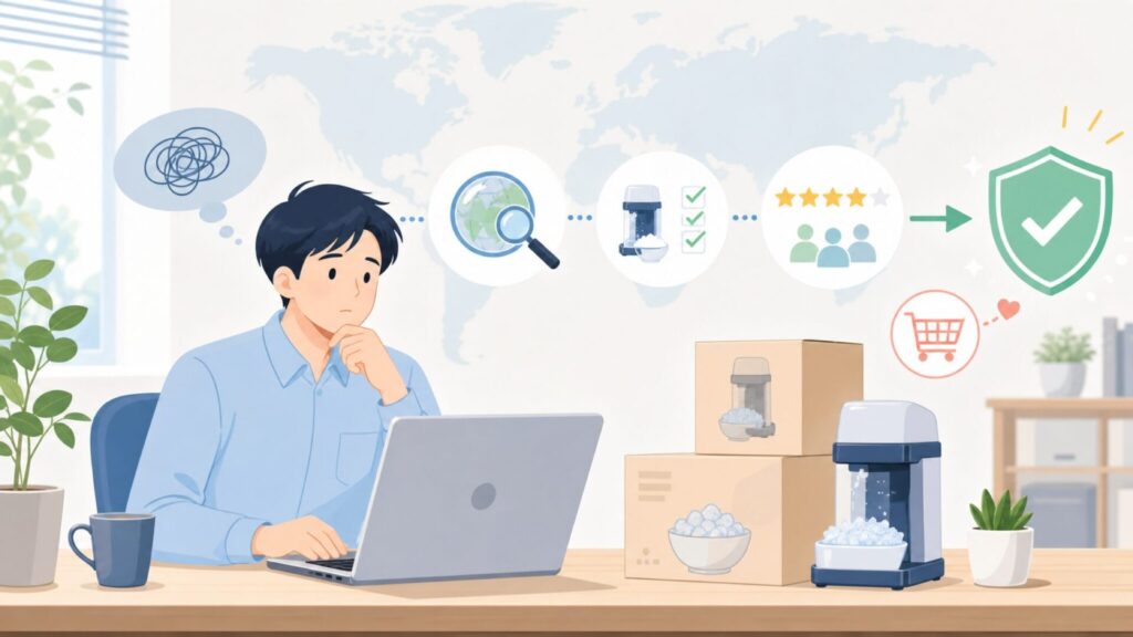 VIVOHOMEアイスクラッシャーはどこの国?特徴と評判を解説の要点を表すイラスト