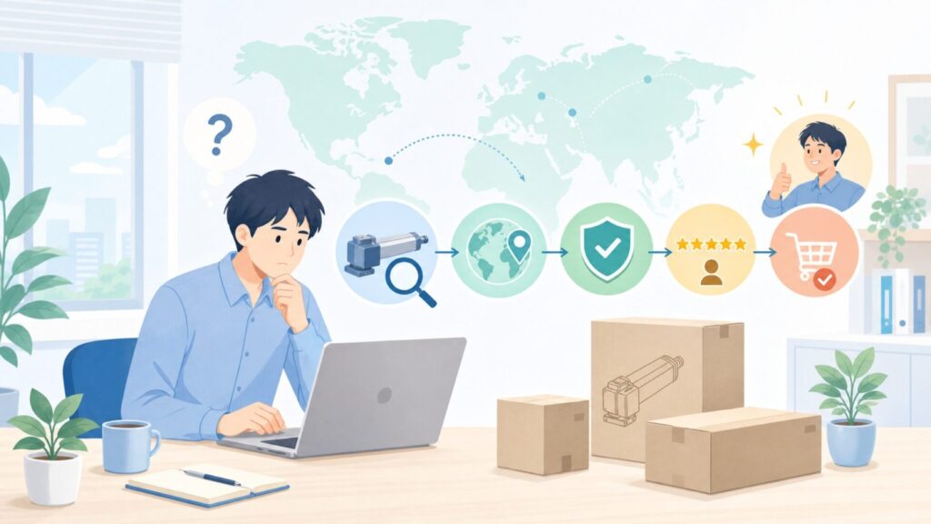 JiGiU電動アクチュエーターはどこの国のブランド？購入前チェックの要点を表すイラスト