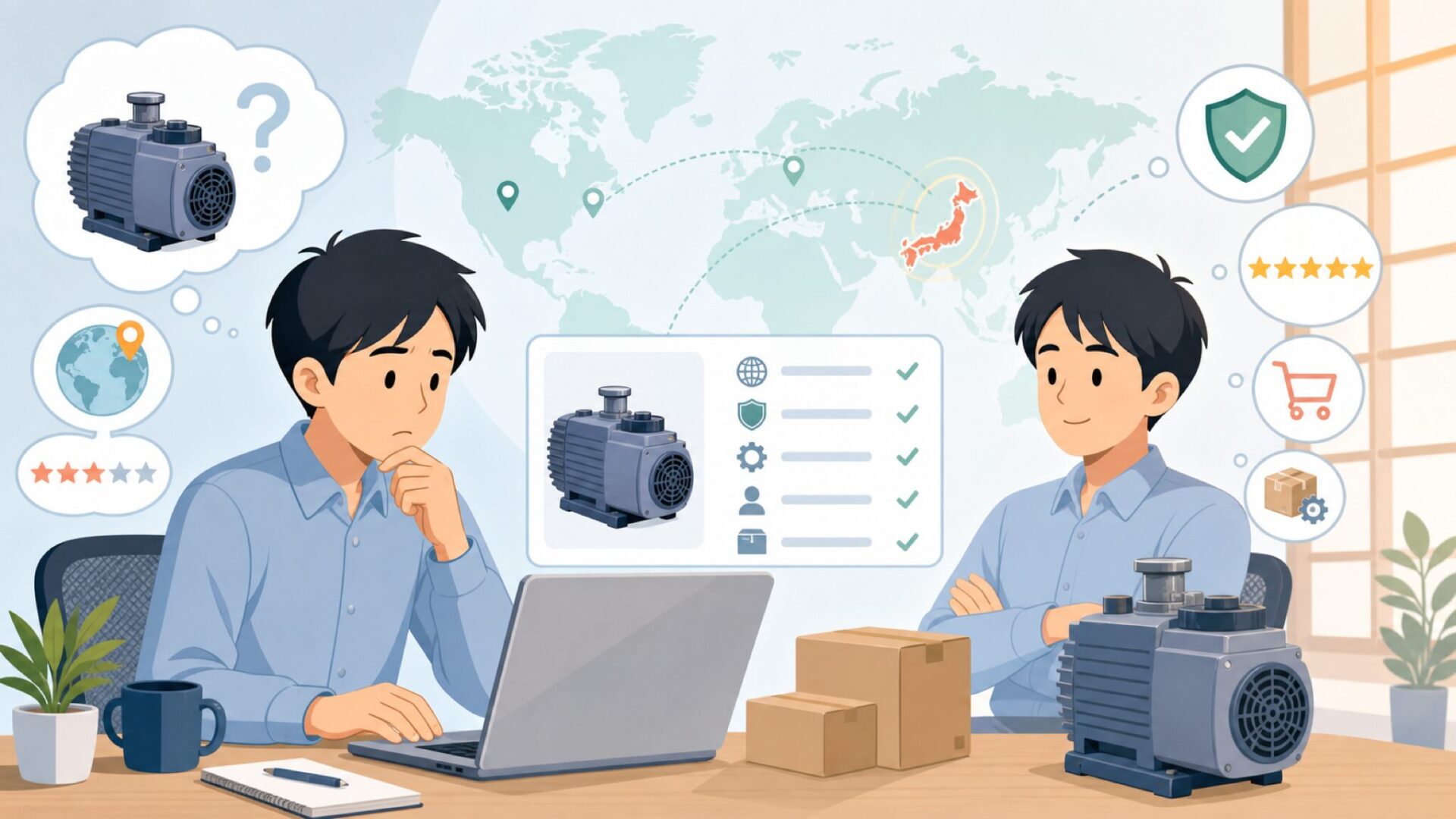 DESCHEM真空ポンプはどこの国?品質と信頼性を購入前に確認の要点を表すイラスト