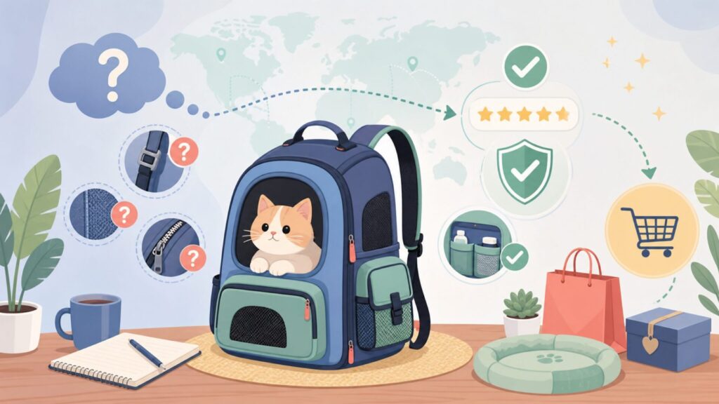 PETCUTEはどこの国のブランド？信頼性とキャリーバッグの特徴の要点を表すイラスト