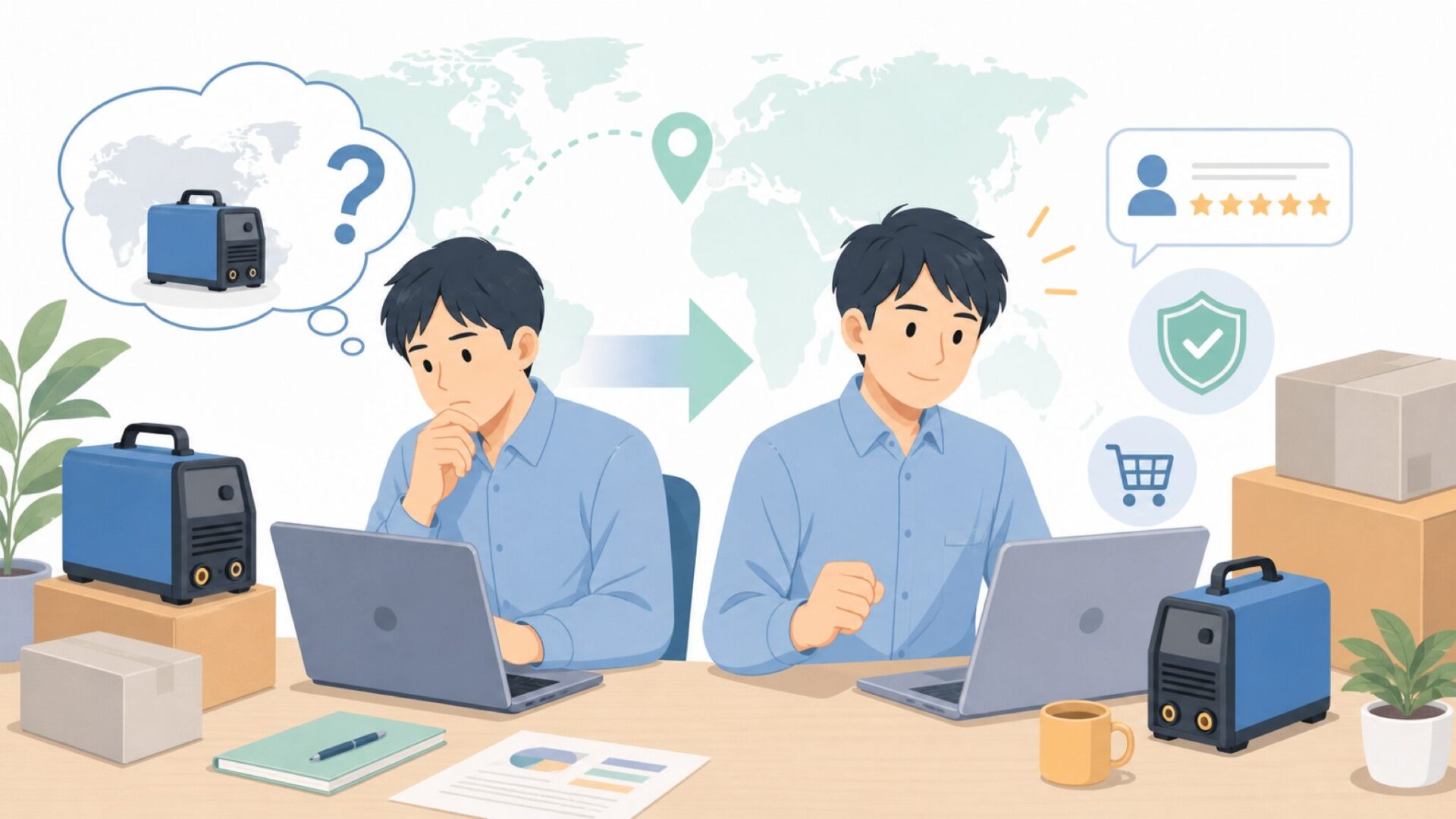 HZXVOGEN溶接機はどこの国？安全性と価格を徹底チェックの要点を表すイラスト