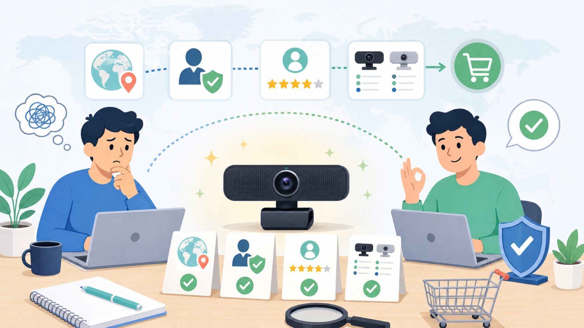 Tenveo Webカメラはどこの国？信頼性と機能を徹底解説の要点を表すイラスト