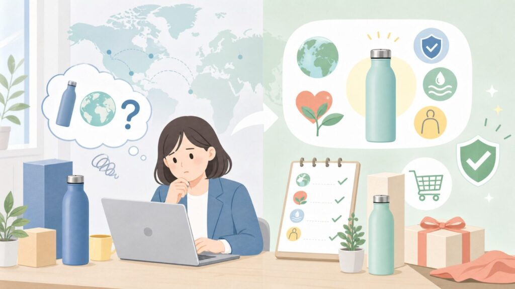 24Bottlesはどこの国?イタリア発ブランドの特徴と購入ガイドの要点を表すイラスト