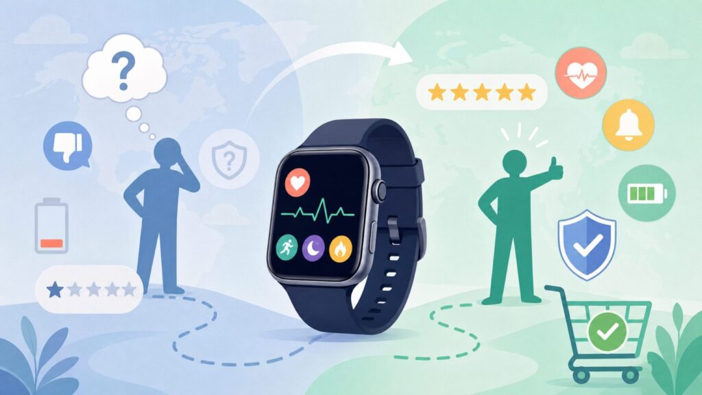 MoreProはどこの国のブランド?スマートウォッチの選び方の要点を表すイラスト