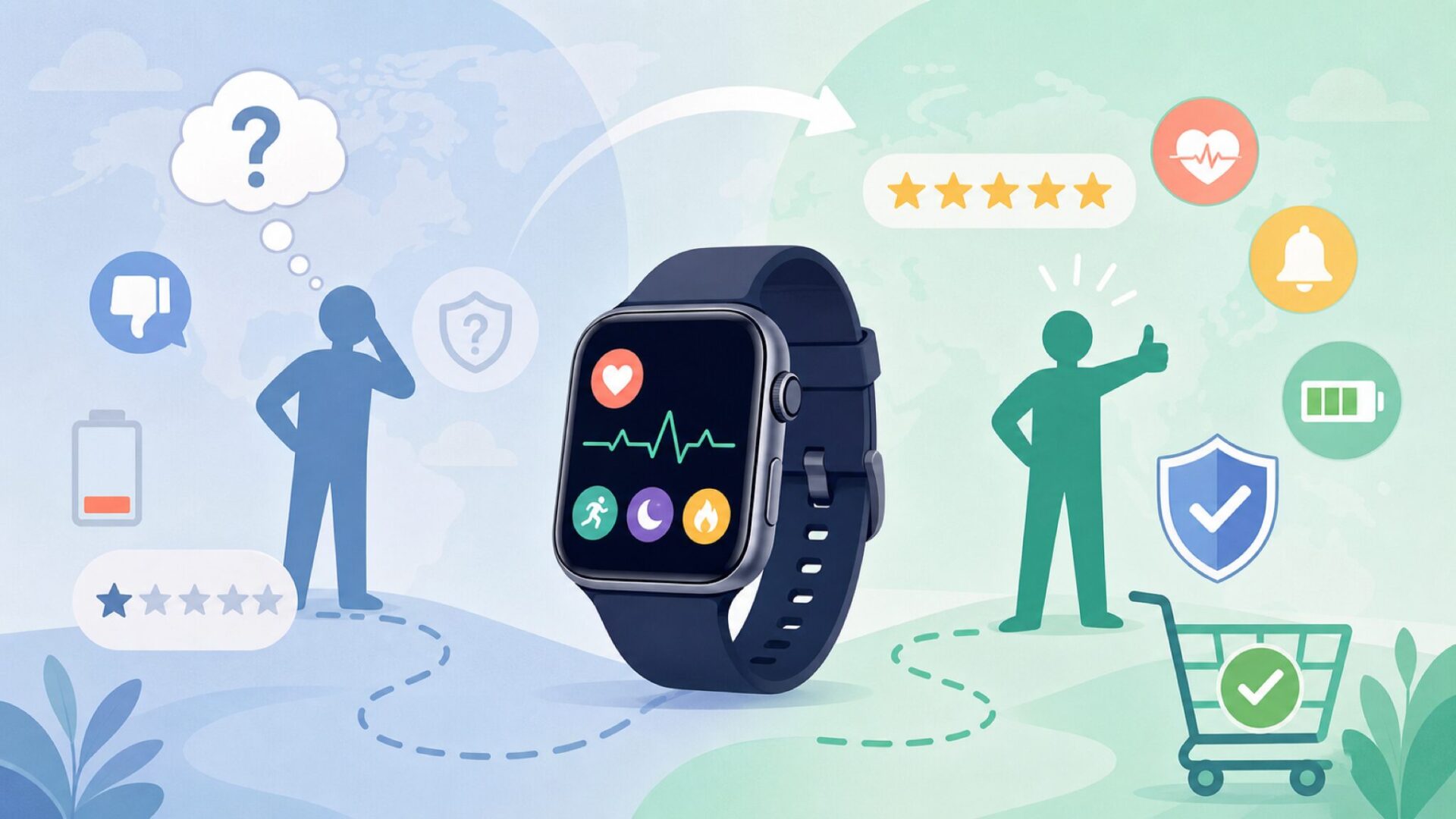 MoreProはどこの国のブランド?スマートウォッチの選び方の要点を表すイラスト
