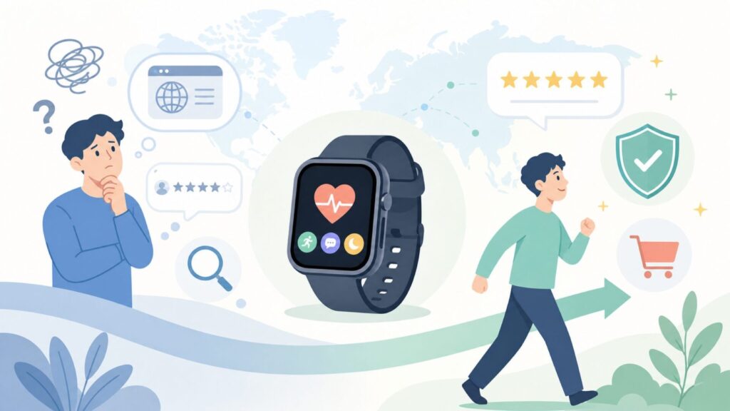HAFURYはどこの国?スマートウォッチの安全性と選び方の要点を表すイラスト