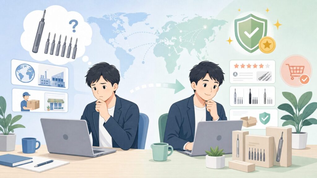 VMAN精密ドライバーはどこの国?販売元・スペック・口コミを徹底検証の要点を表すイラスト