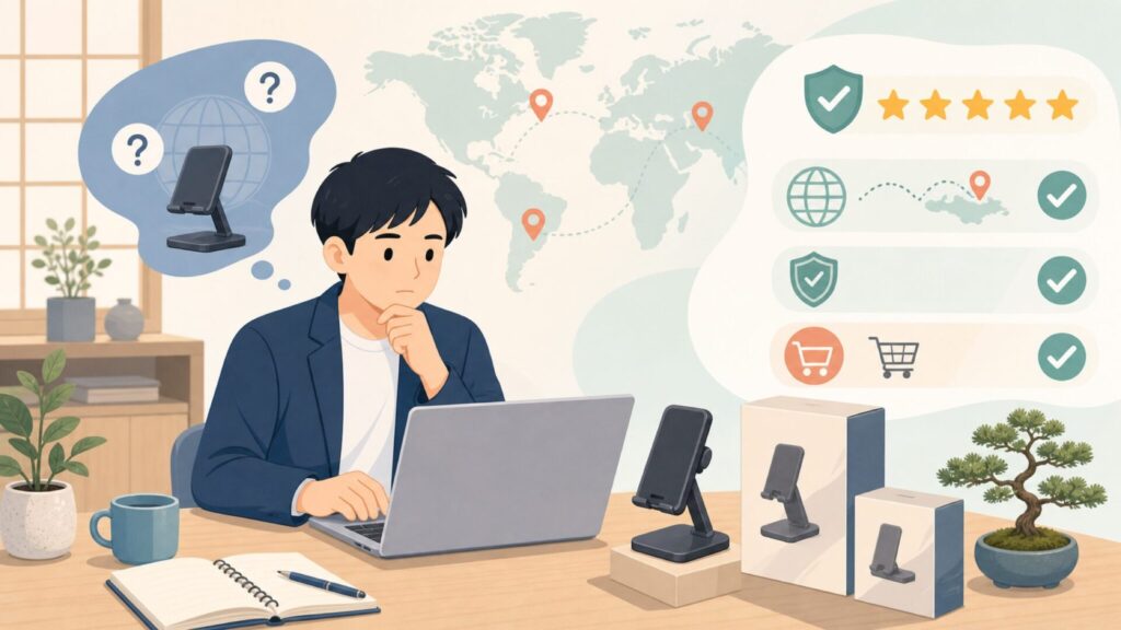 Lomicallスマホスタンドはどこの国?信頼性を徹底チェックの要点を表すイラスト