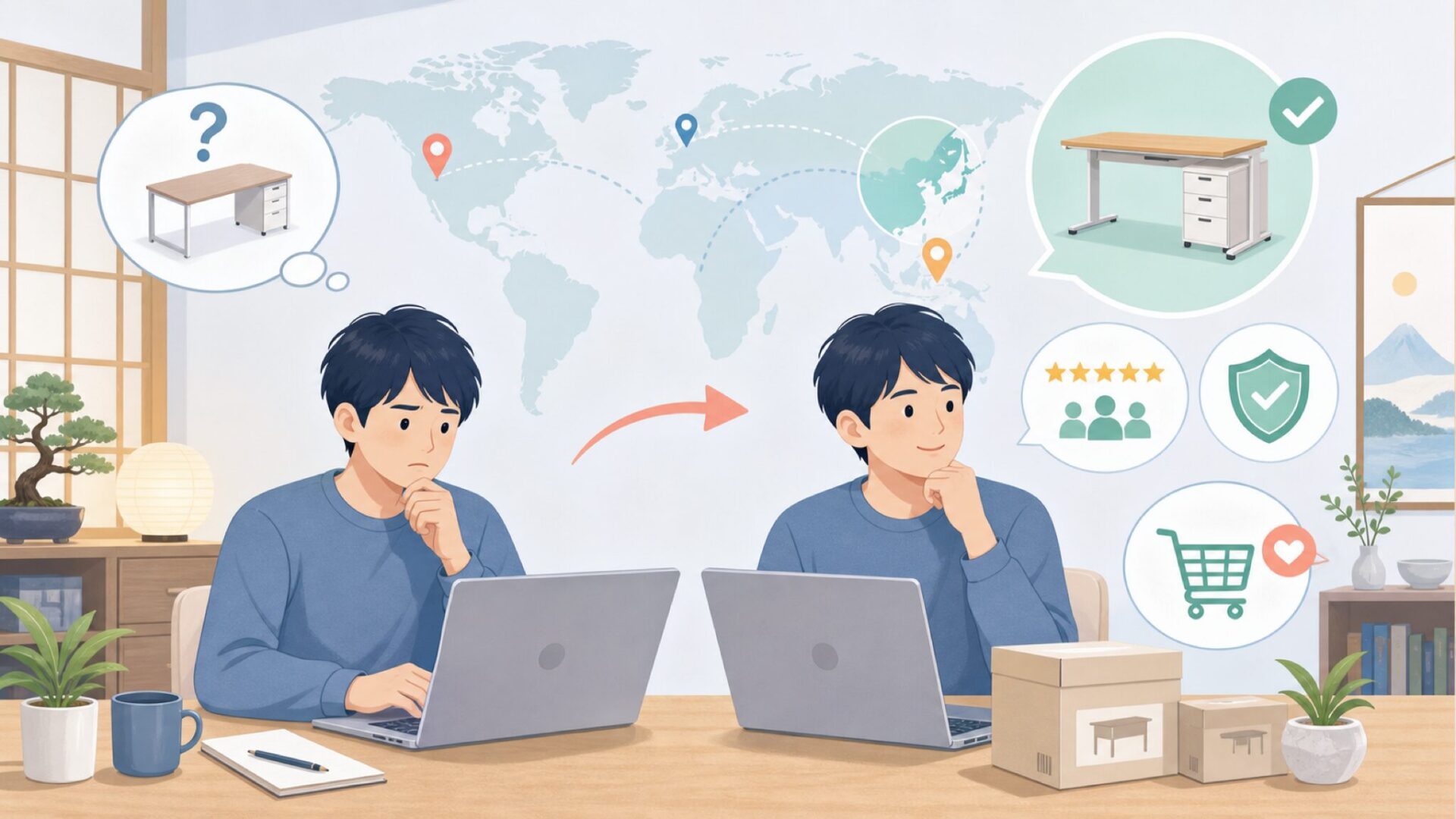 SEDETAデスクはどこの国?販売元と評判を徹底調査の要点を表すイラスト
