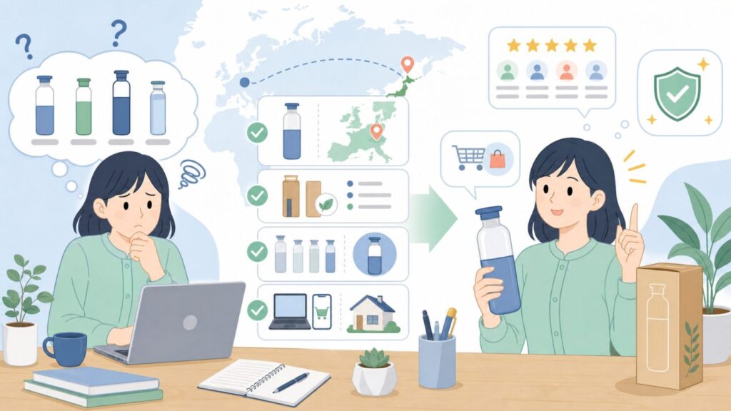Dopperはどこの国？オランダ発エコ水筒の正体と日本での買い方の要点を表すイラスト