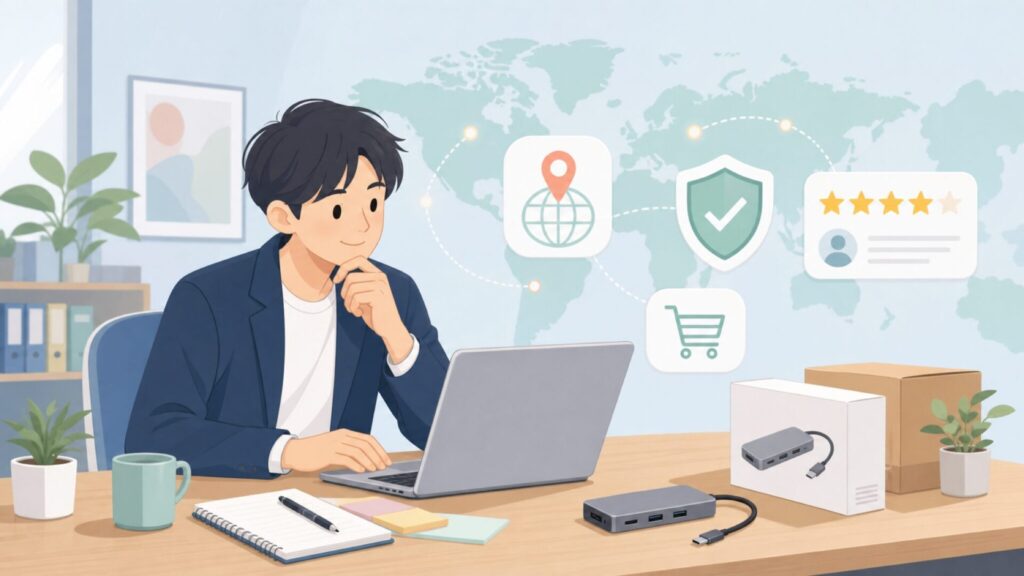 NEWQ USB-Cハブはどこの国?信頼性と価格を購入前に確認の要点を表すイラスト